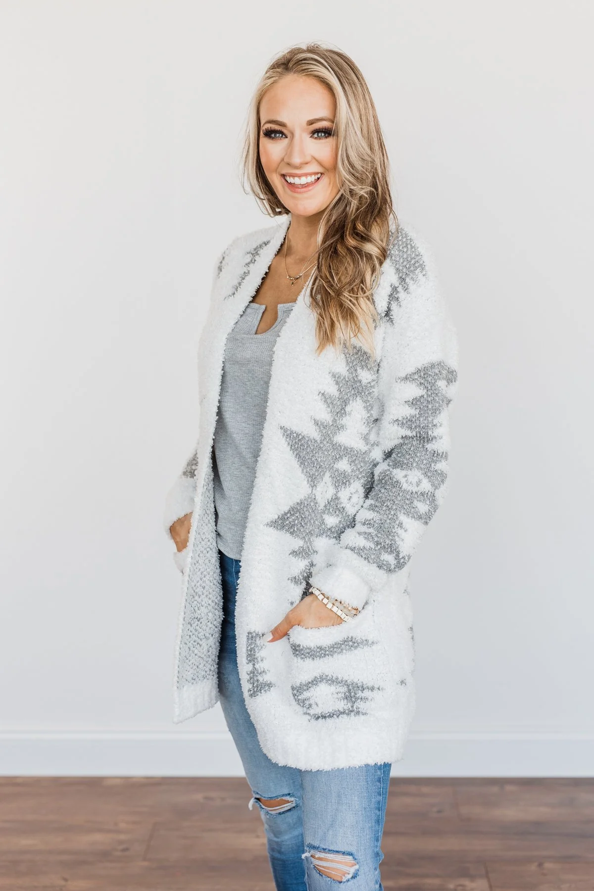 A Blanket Of Love Aztec Knit Cardigan- Ivory & Grey - Image 7