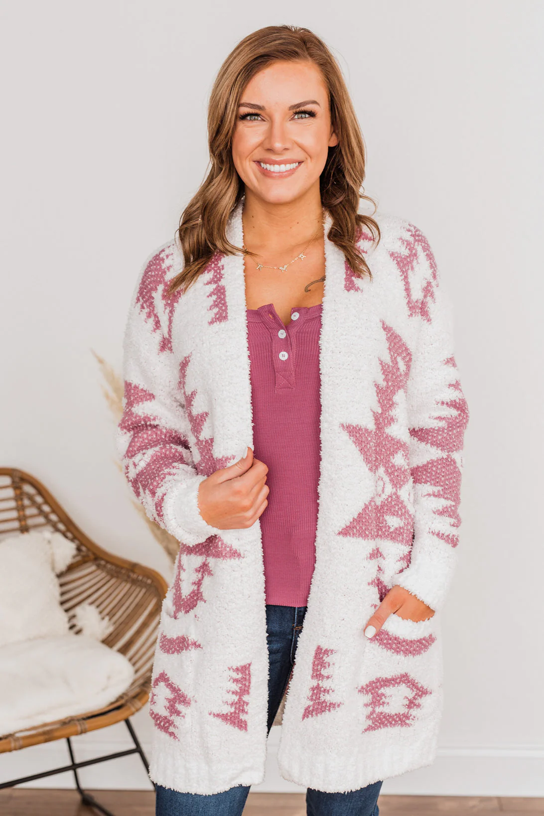A Blanket Of Love Aztec Knit Cardigan- Ivory & Pink - Image 4