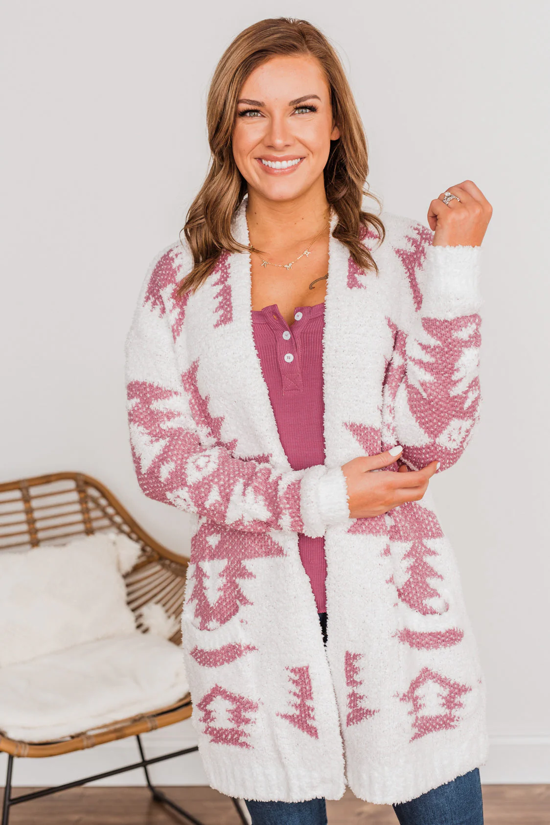 A Blanket Of Love Aztec Knit Cardigan- Ivory & Pink - Image 7