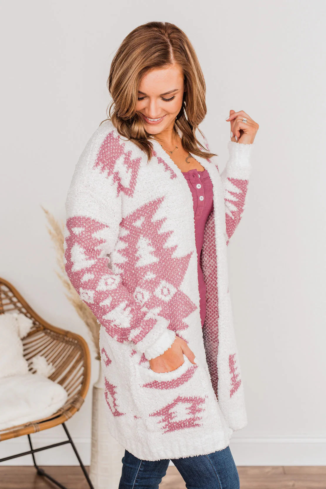 A Blanket Of Love Aztec Knit Cardigan- Ivory & Pink - Image 9