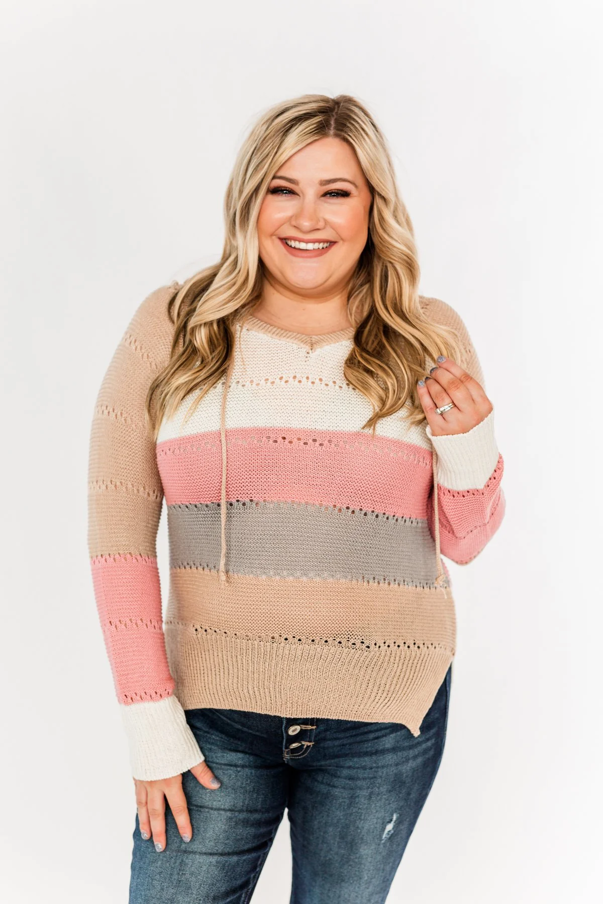 A Day With You Knit Hoodie- Tan, Pink, Off-White & Grey - Image 10