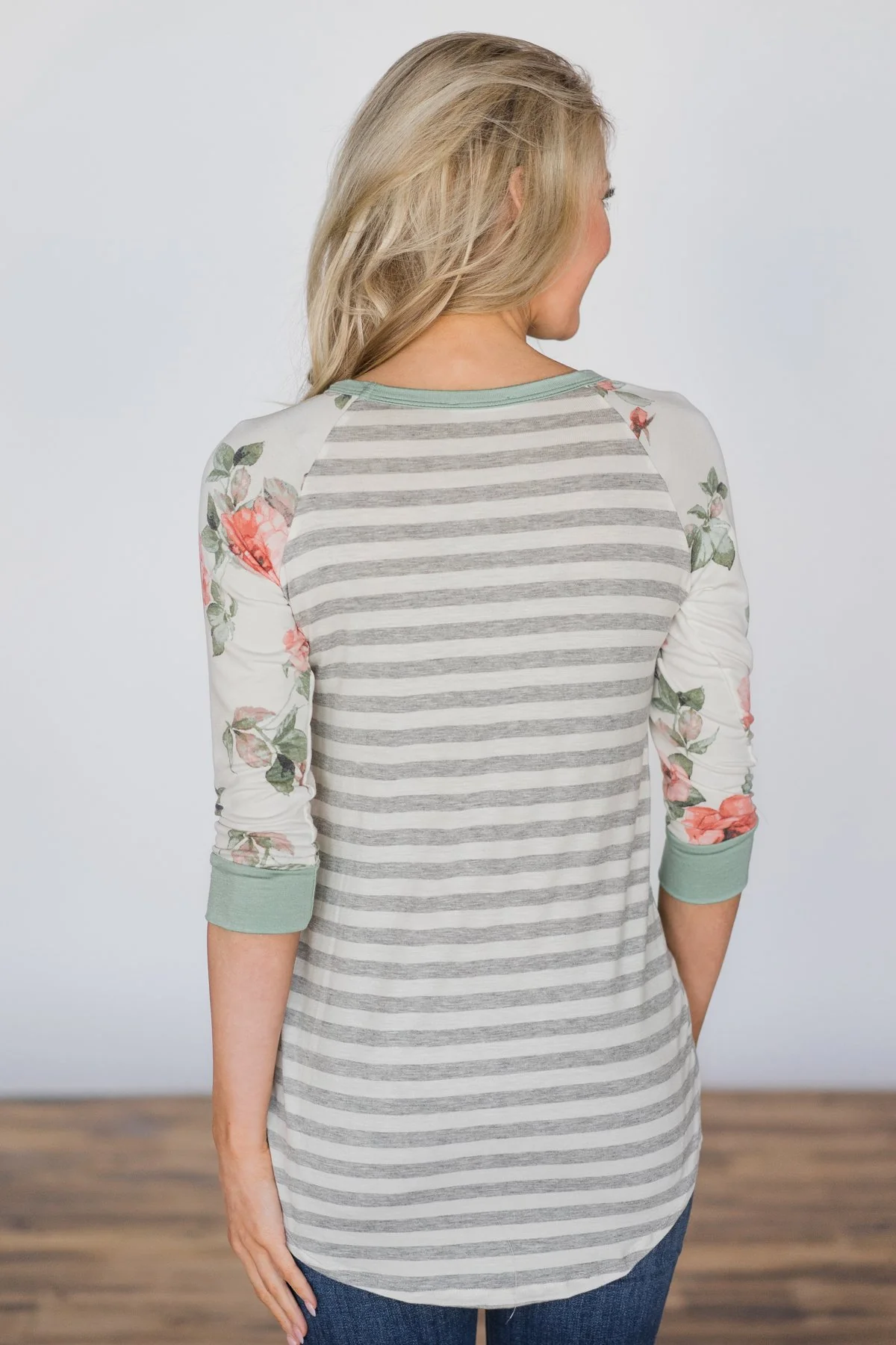 A First Glance Mint Floral & Stripes Top - Image 4