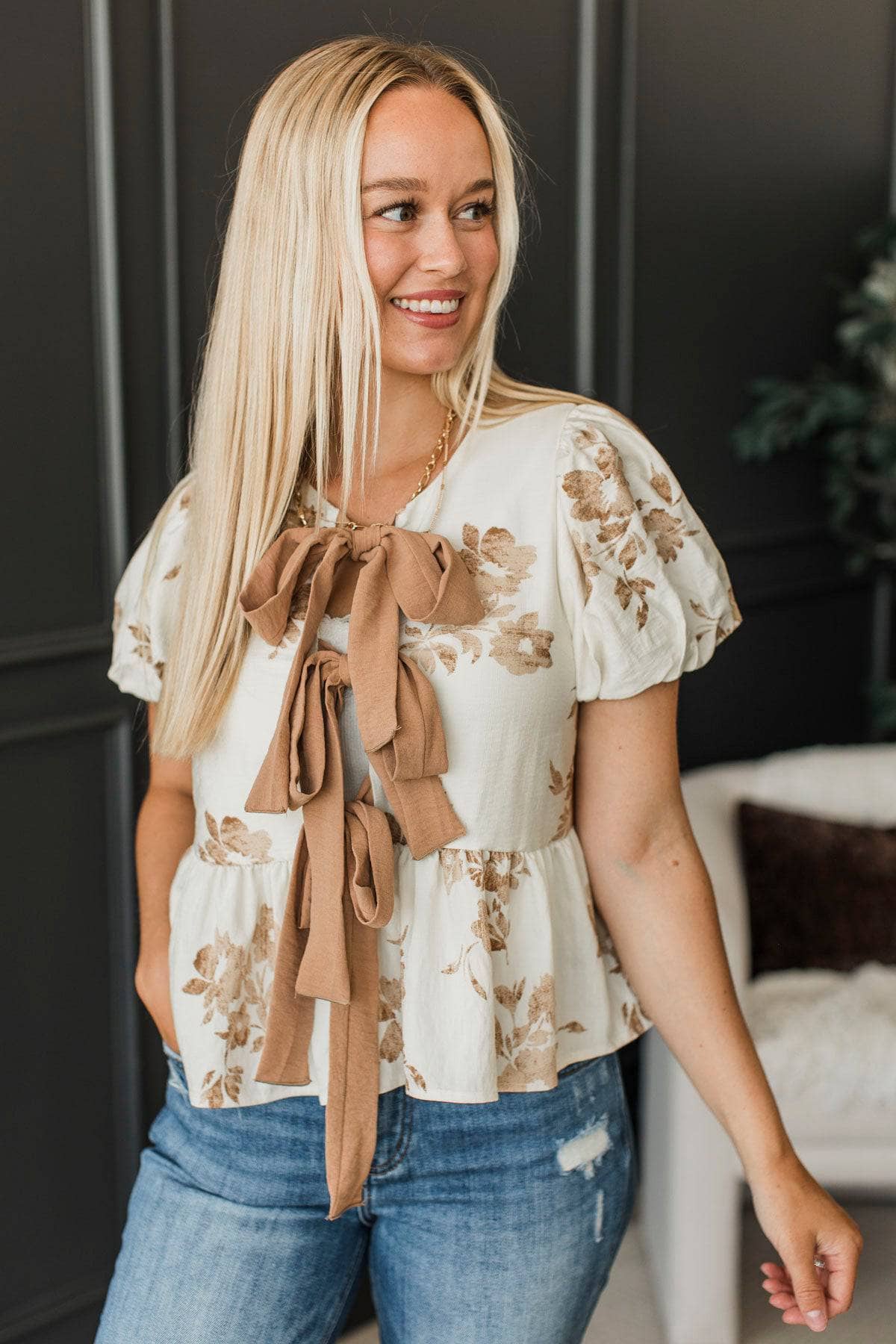 A Flair For Fashion Floral Bow Front Blouse- Off-White