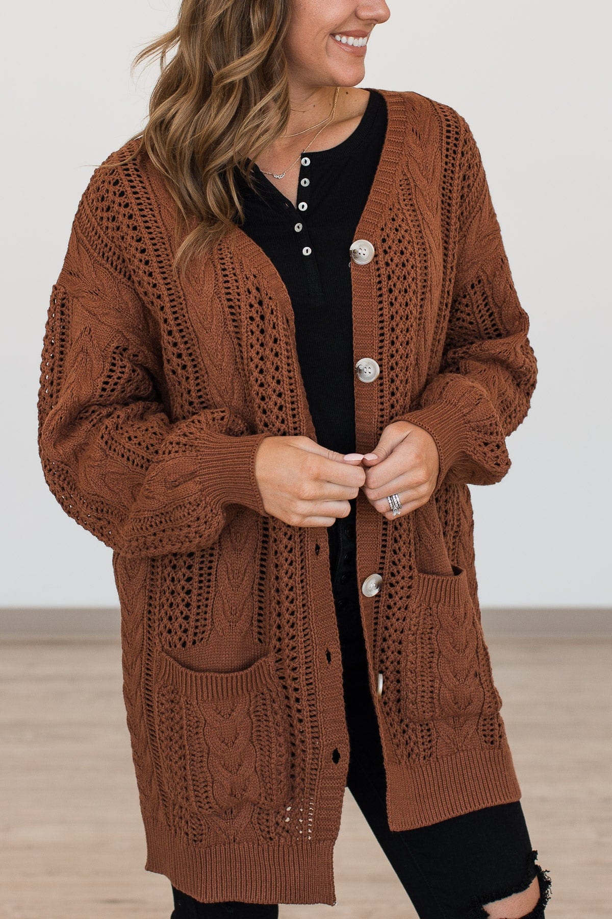 A Fresh Take Button Cardigan- Auburn - Image 3