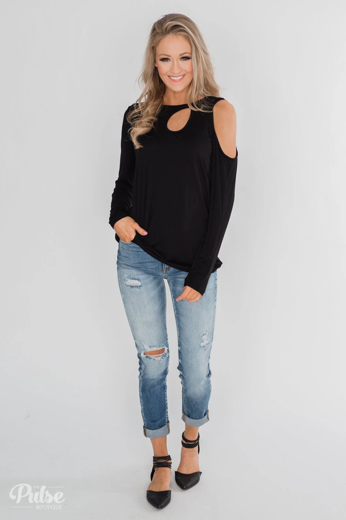 A Little Something Cold Shoulder Top- Black - Image 3