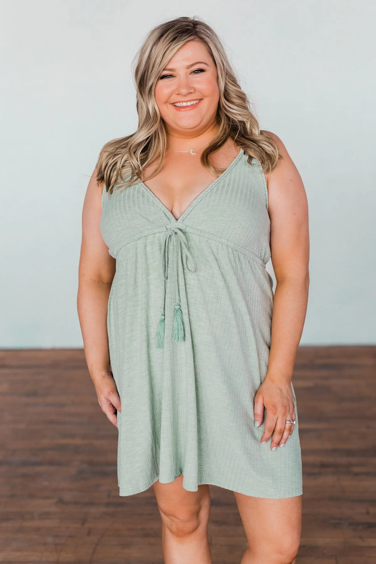 A Little Too Late V-Neck Dress- Sage - Image 6