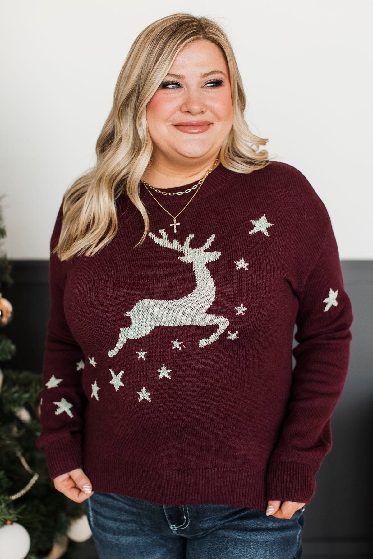 A Merry Day Reindeer Knit Sweater- Wine - Image 3