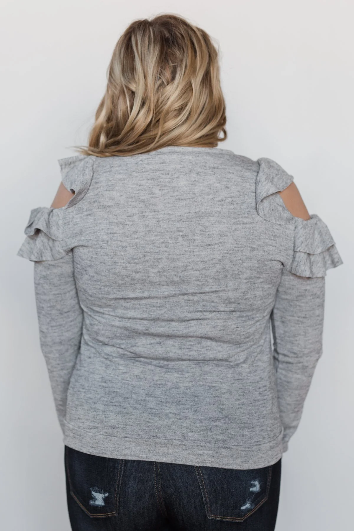 A New Hello Ruffle Cold Shoulder Top- Heather Grey - Image 10