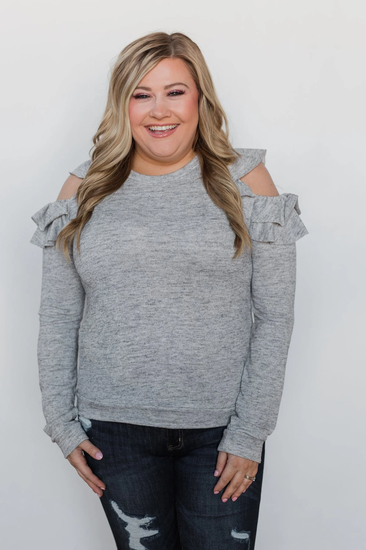 A New Hello Ruffle Cold Shoulder Top- Heather Grey - Image 2