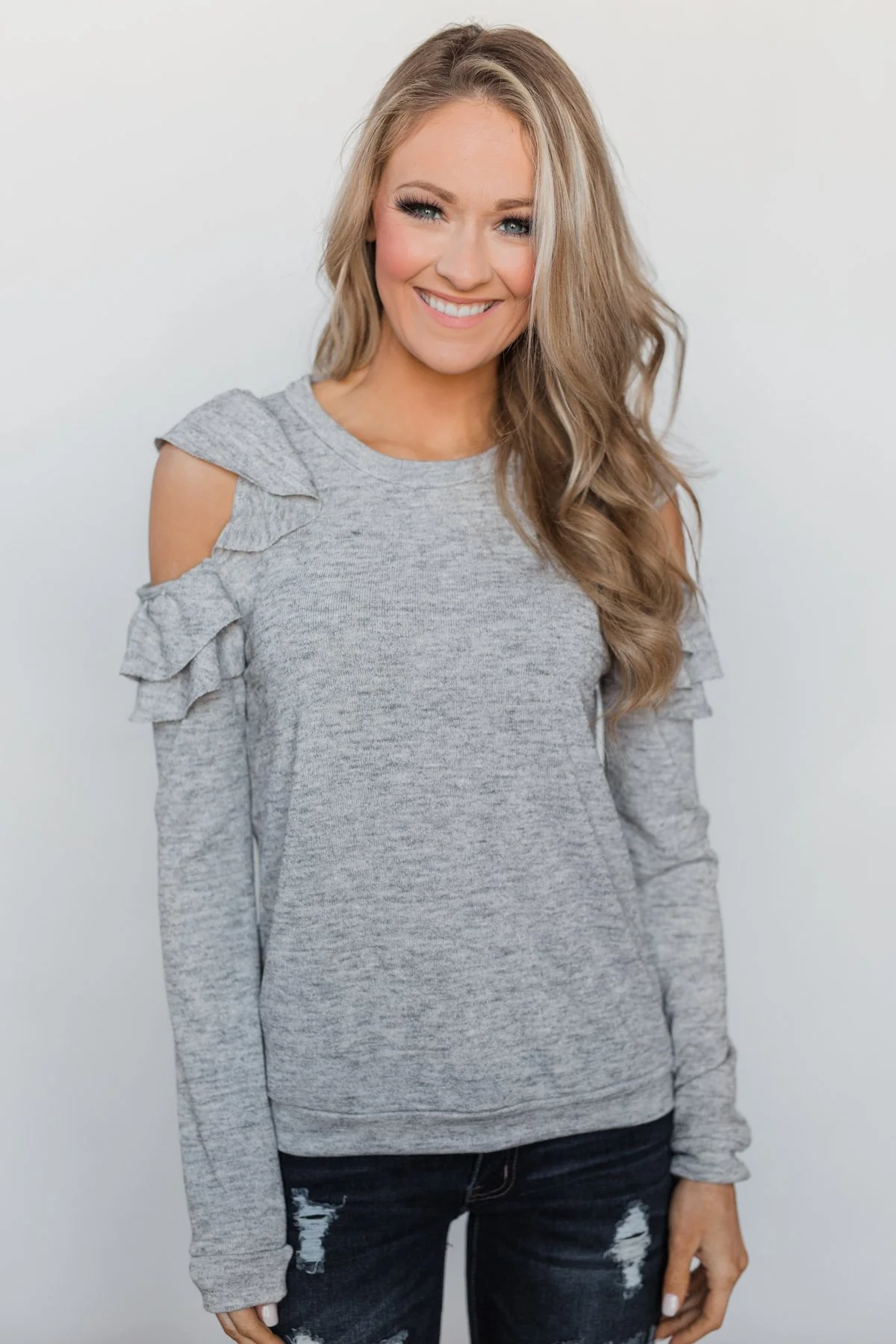 A New Hello Ruffle Cold Shoulder Top- Heather Grey - Image 3