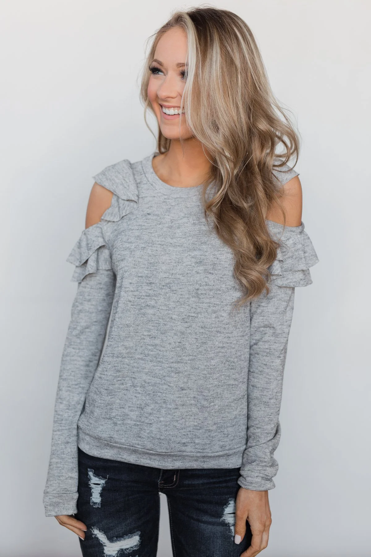 A New Hello Ruffle Cold Shoulder Top- Heather Grey - Image 4