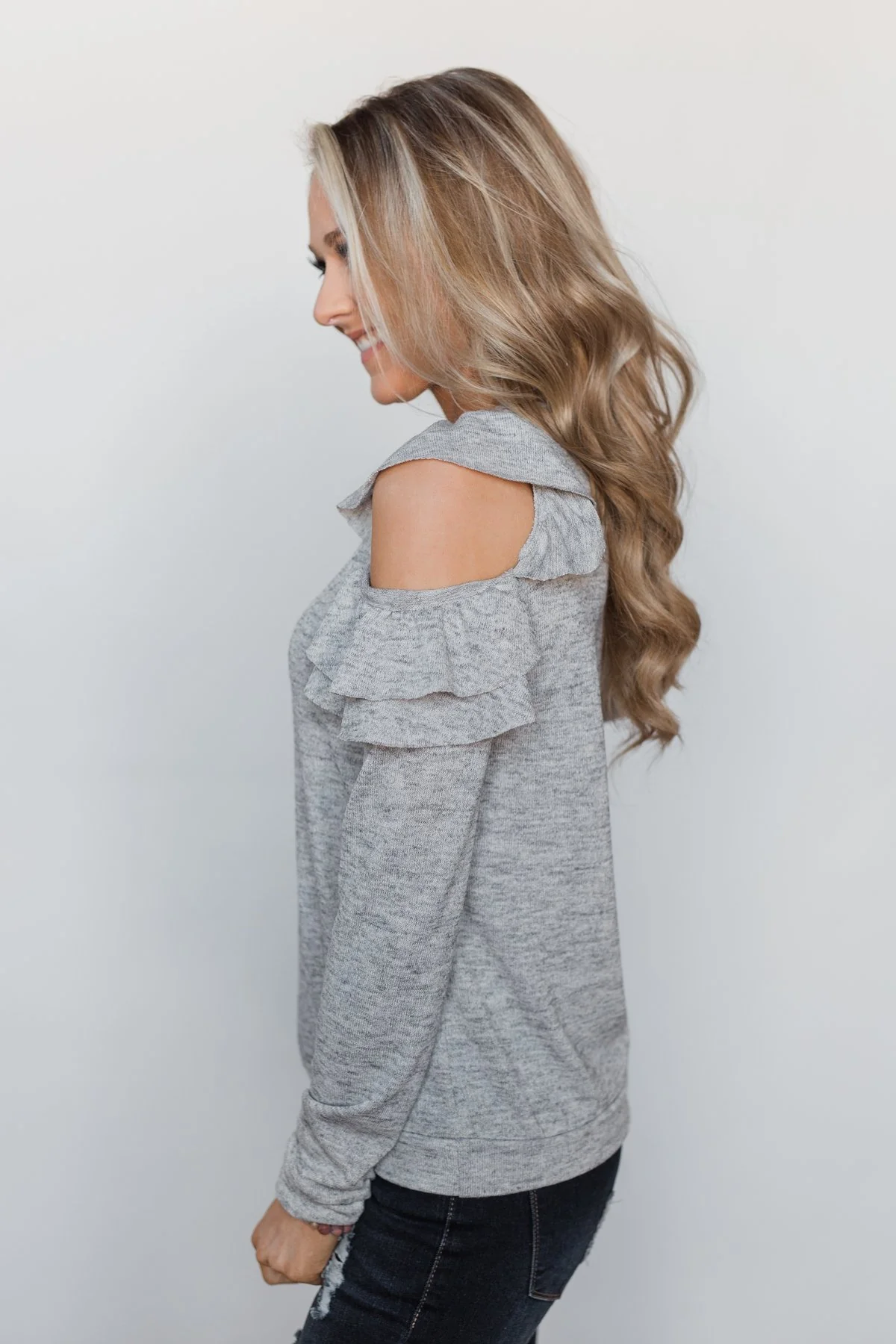 A New Hello Ruffle Cold Shoulder Top- Heather Grey - Image 5