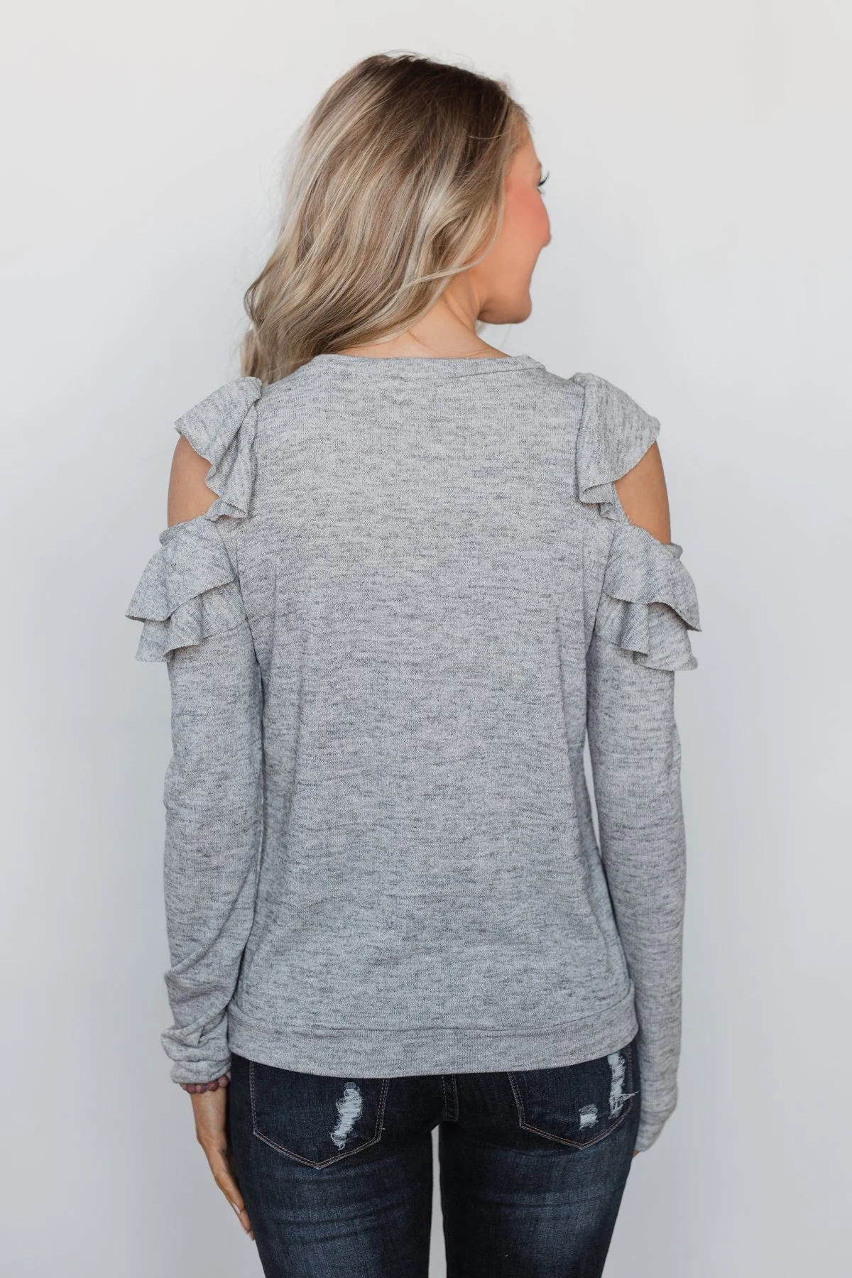 A New Hello Ruffle Cold Shoulder Top- Heather Grey - Image 6