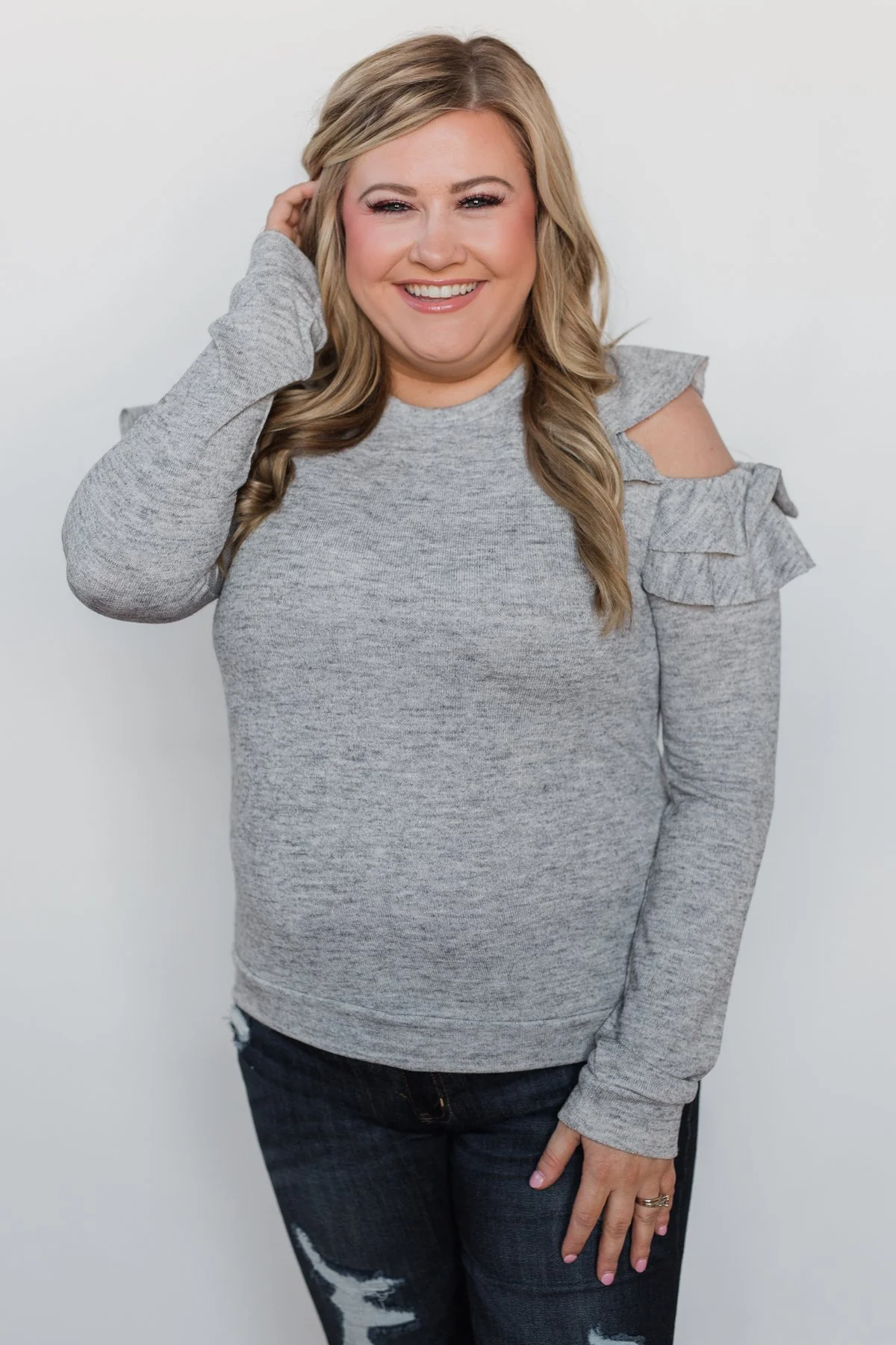 A New Hello Ruffle Cold Shoulder Top- Heather Grey - Image 7