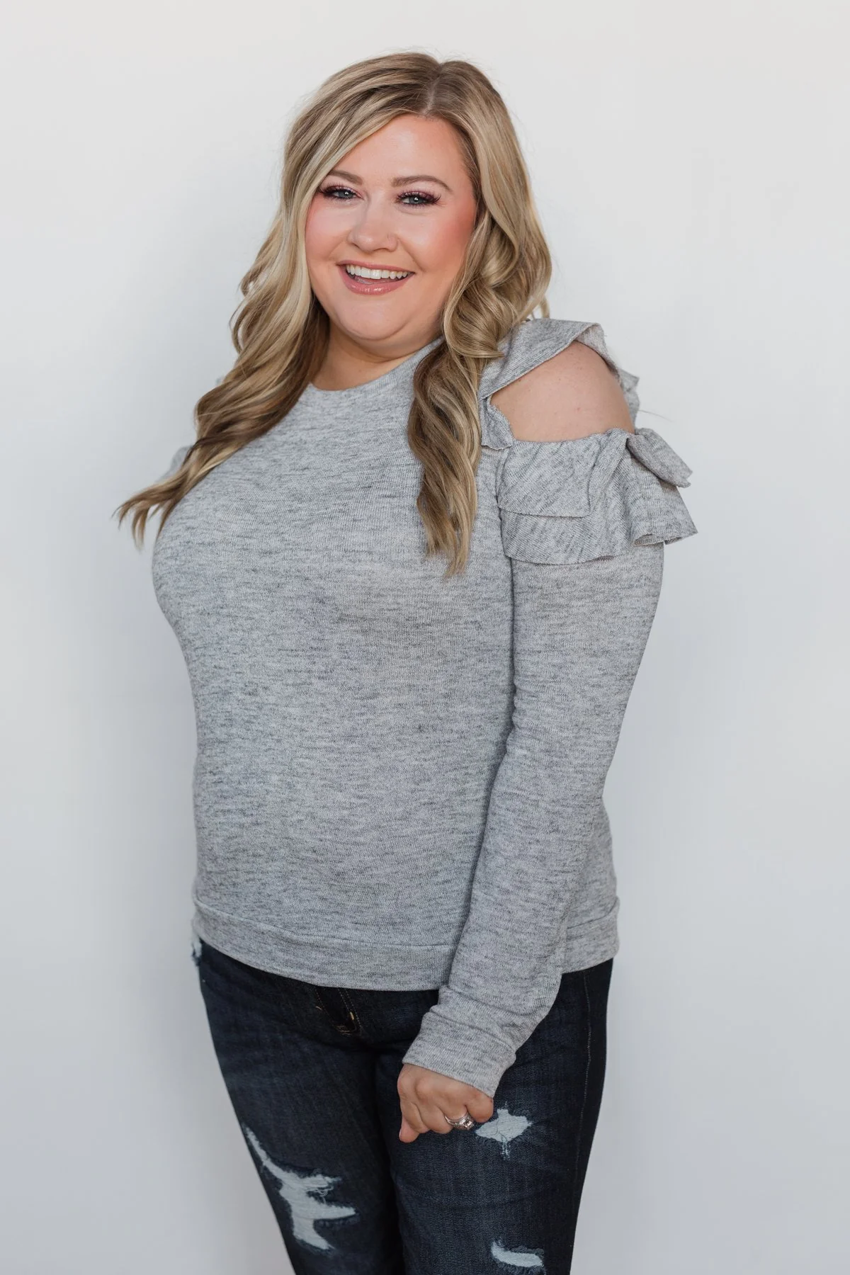 A New Hello Ruffle Cold Shoulder Top- Heather Grey - Image 8