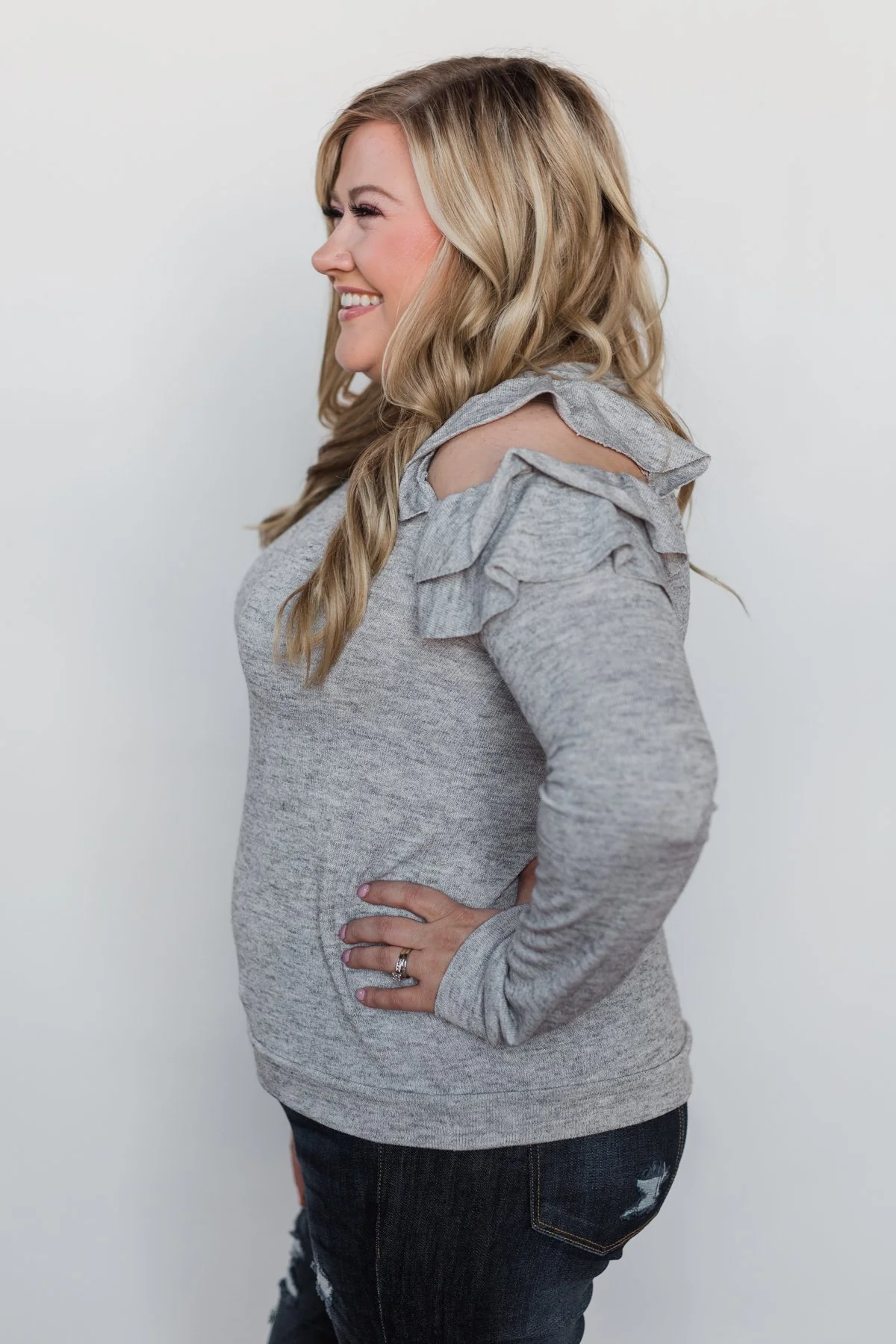 A New Hello Ruffle Cold Shoulder Top- Heather Grey - Image 9