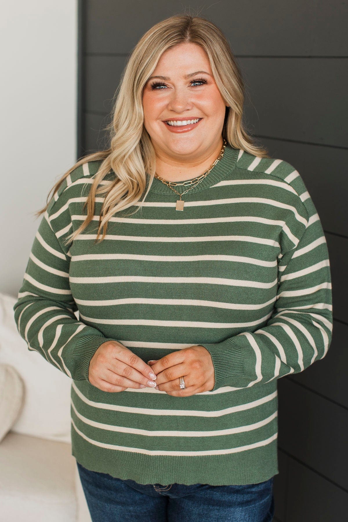 A New Path Striped Knit Sweater- Kale - Image 2