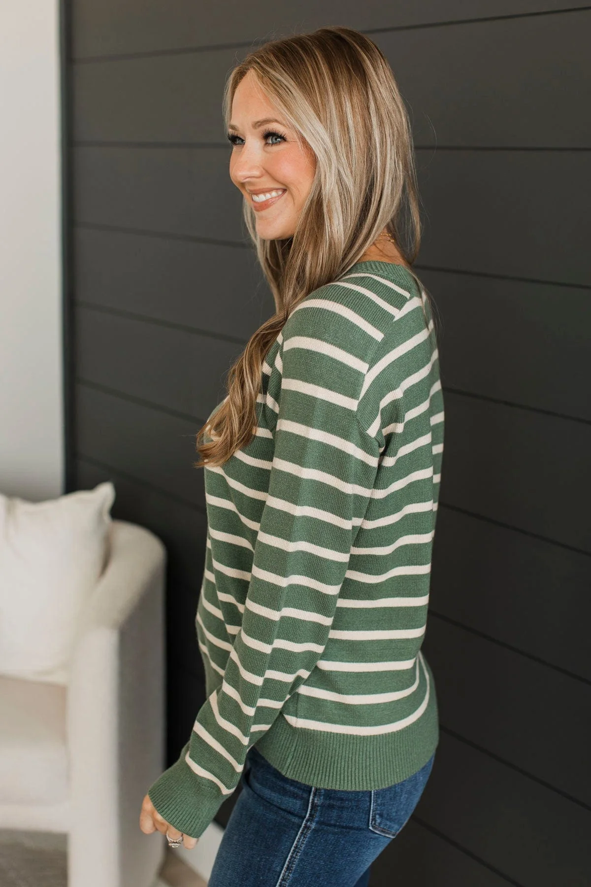 A New Path Striped Knit Sweater- Kale - Image 5