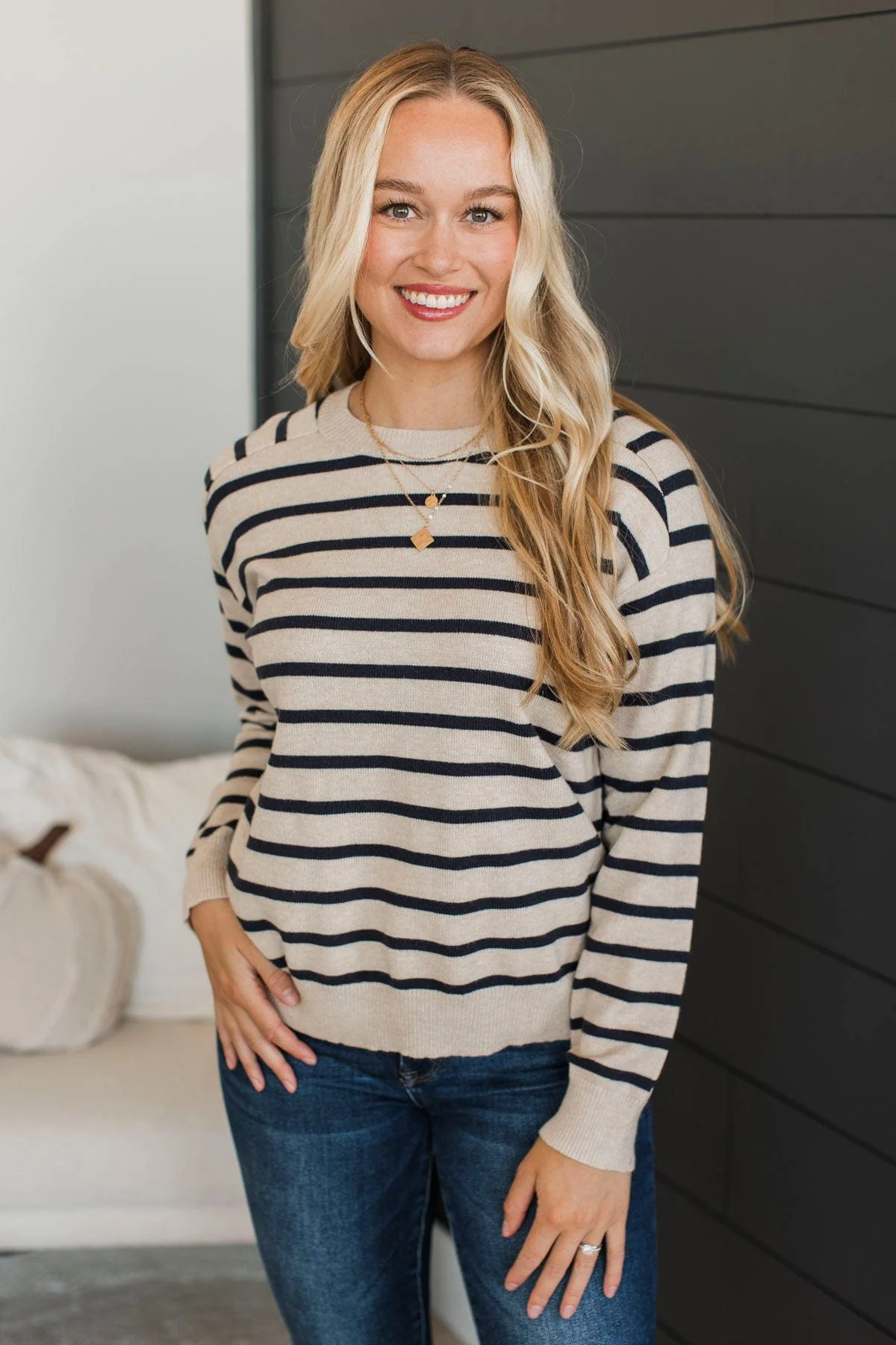 A New Path Striped Knit Sweater- Oatmeal - Image 3