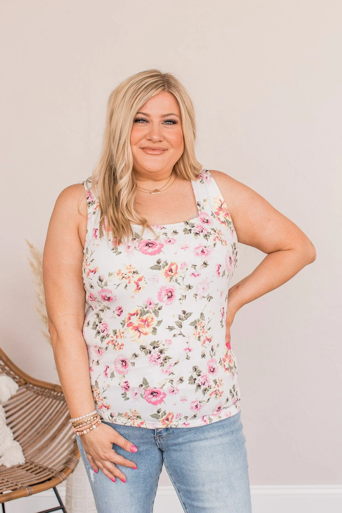 A Rosy Outlook Floral Tank- Ivory - Image 2