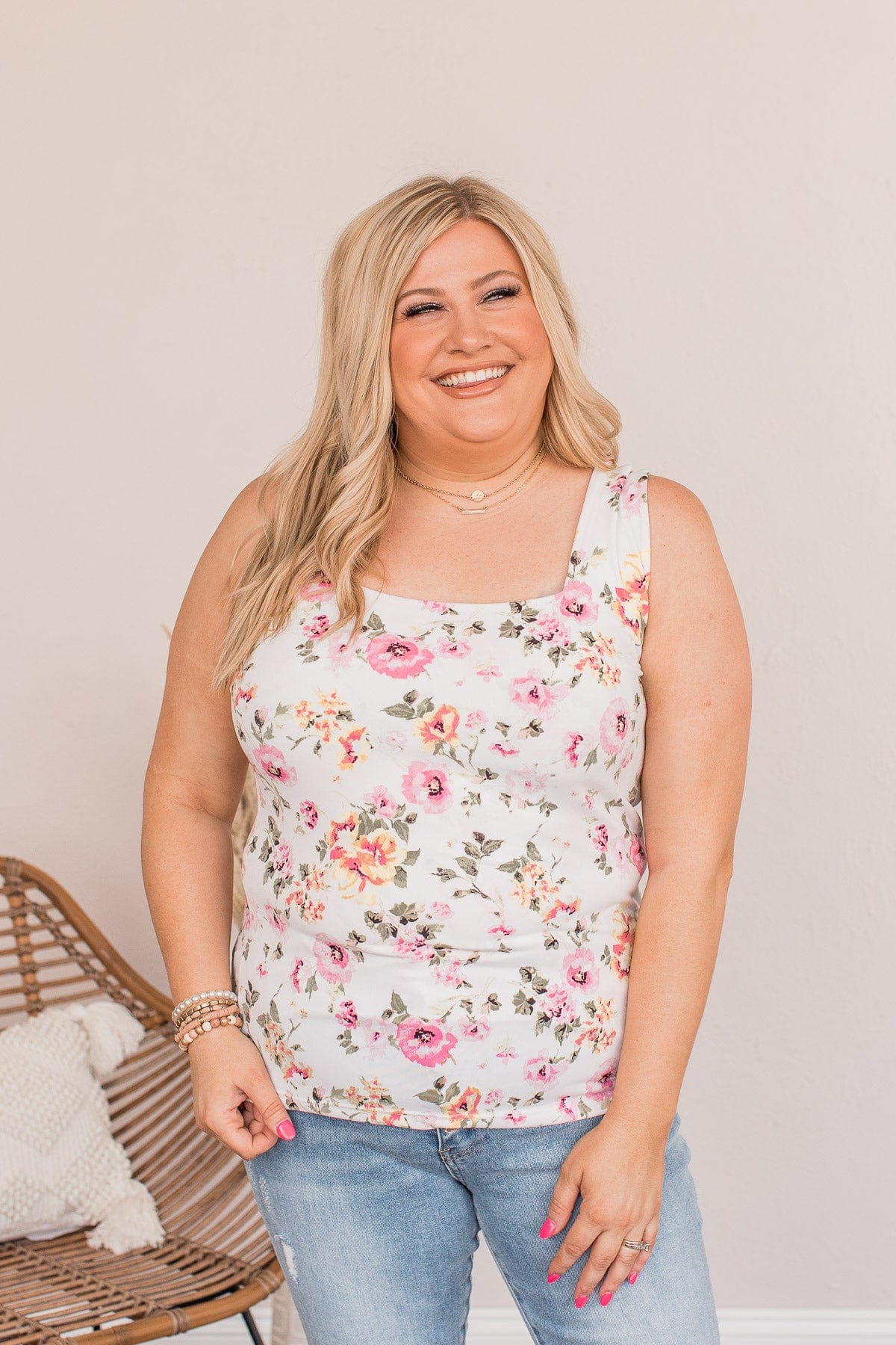 A Rosy Outlook Floral Tank- Ivory - Image 4