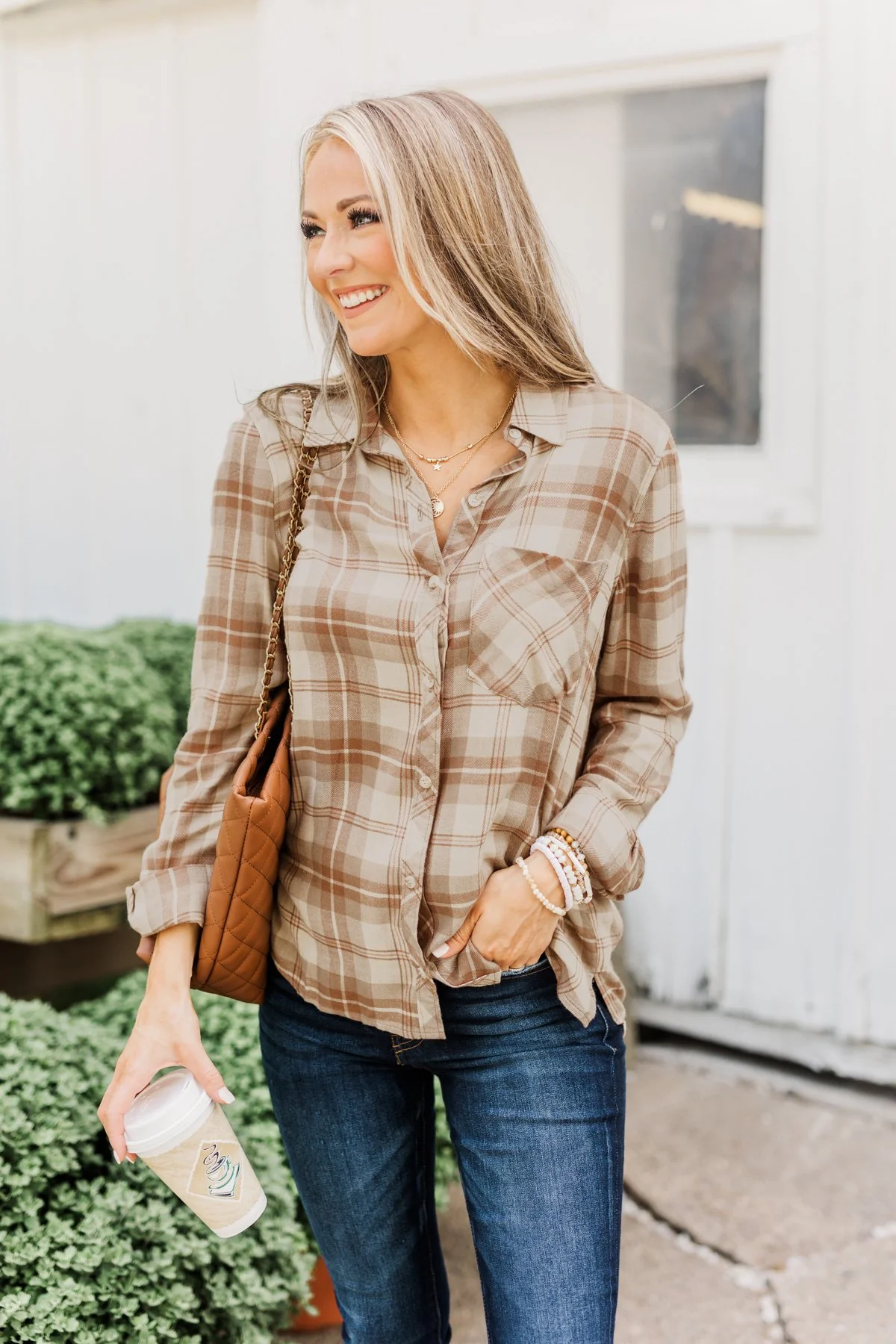 A Season To Behold Button Down Plaid Top- Oatmeal, Taupe & Mocha - Image 4