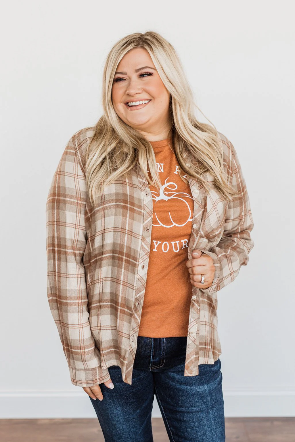 A Season To Behold Button Down Plaid Top- Oatmeal, Taupe & Mocha - Image 5