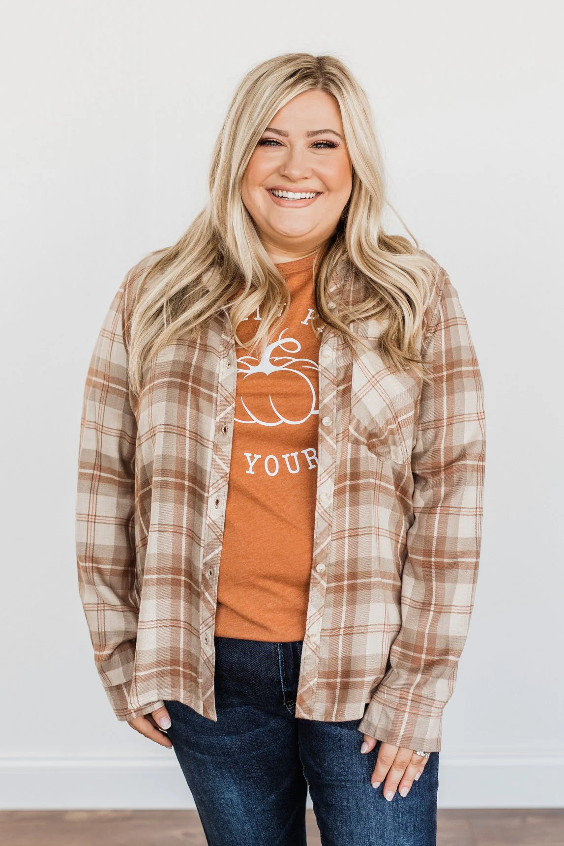 A Season To Behold Button Down Plaid Top- Oatmeal, Taupe & Mocha - Image 8