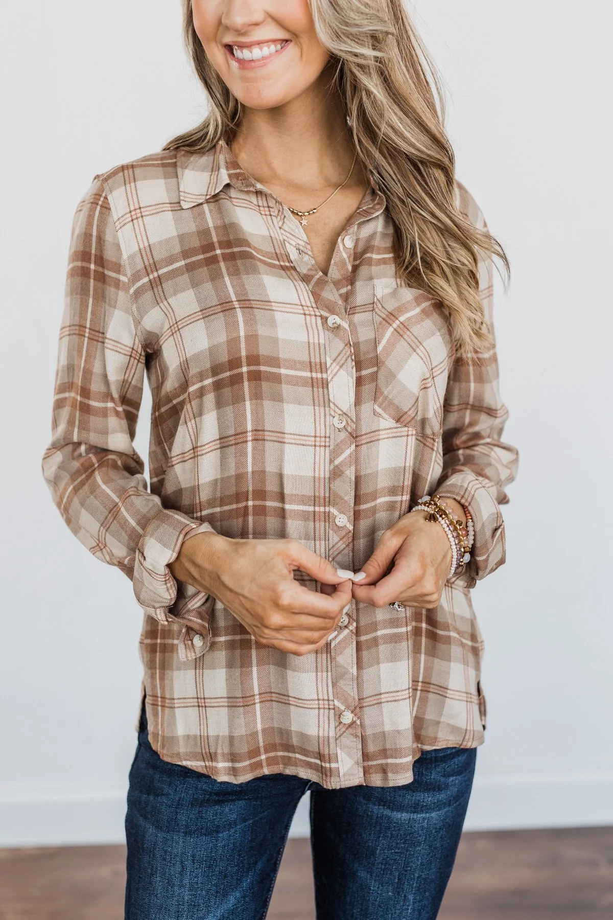 A Season To Behold Button Down Plaid Top- Oatmeal, Taupe & Mocha - Image 9