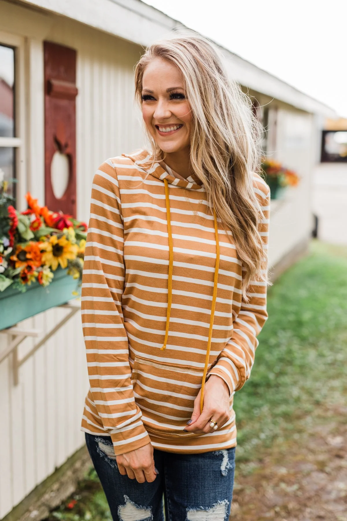 A Sure Thing Striped Tunic Hoodie- Dark Mustard & Ivory - Image 3