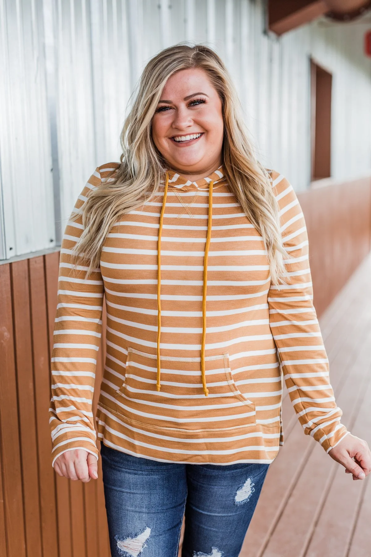 A Sure Thing Striped Tunic Hoodie- Dark Mustard & Ivory - Image 4