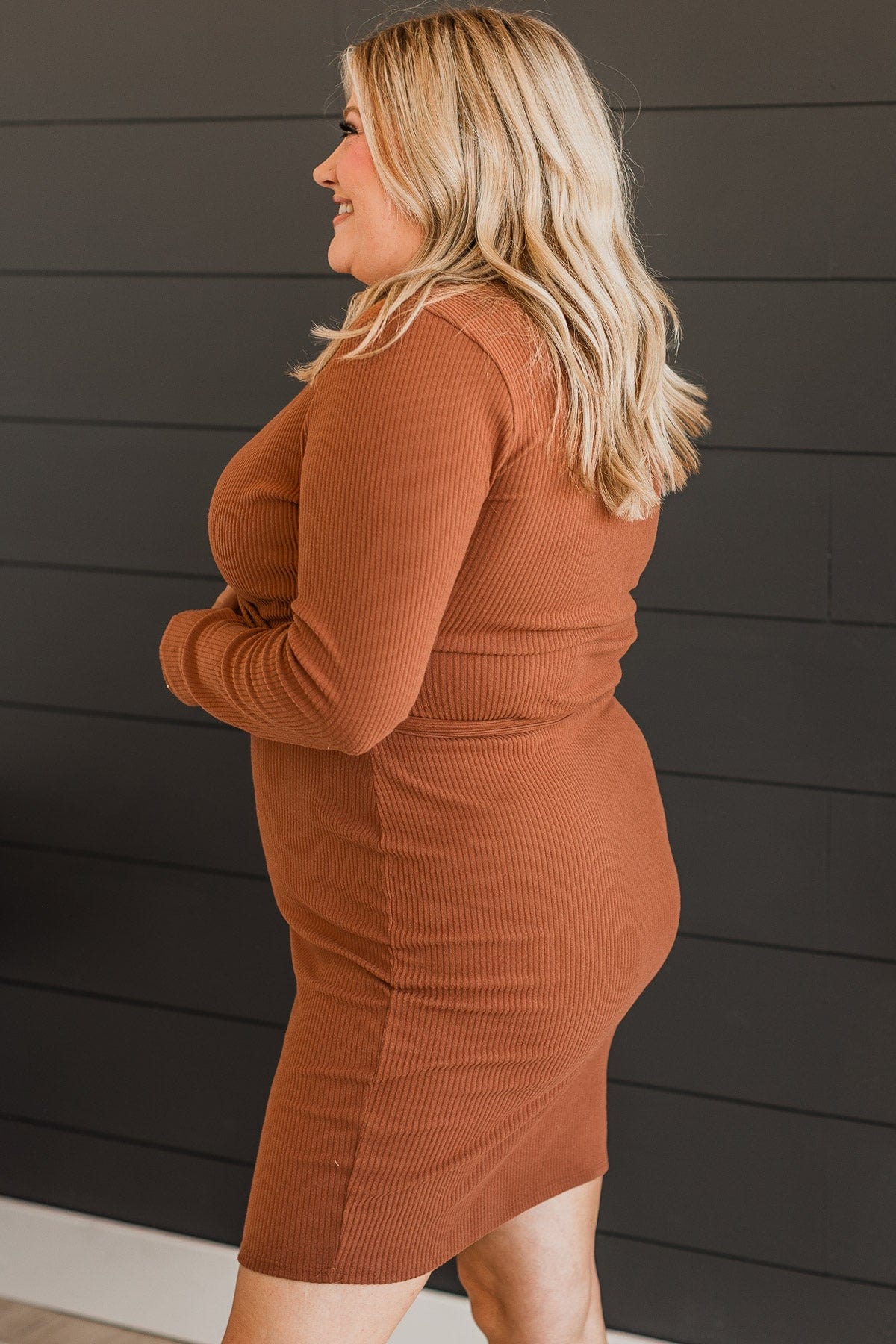 A Toast To Us Long Sleeve Knit Dress- Cognac - Image 6