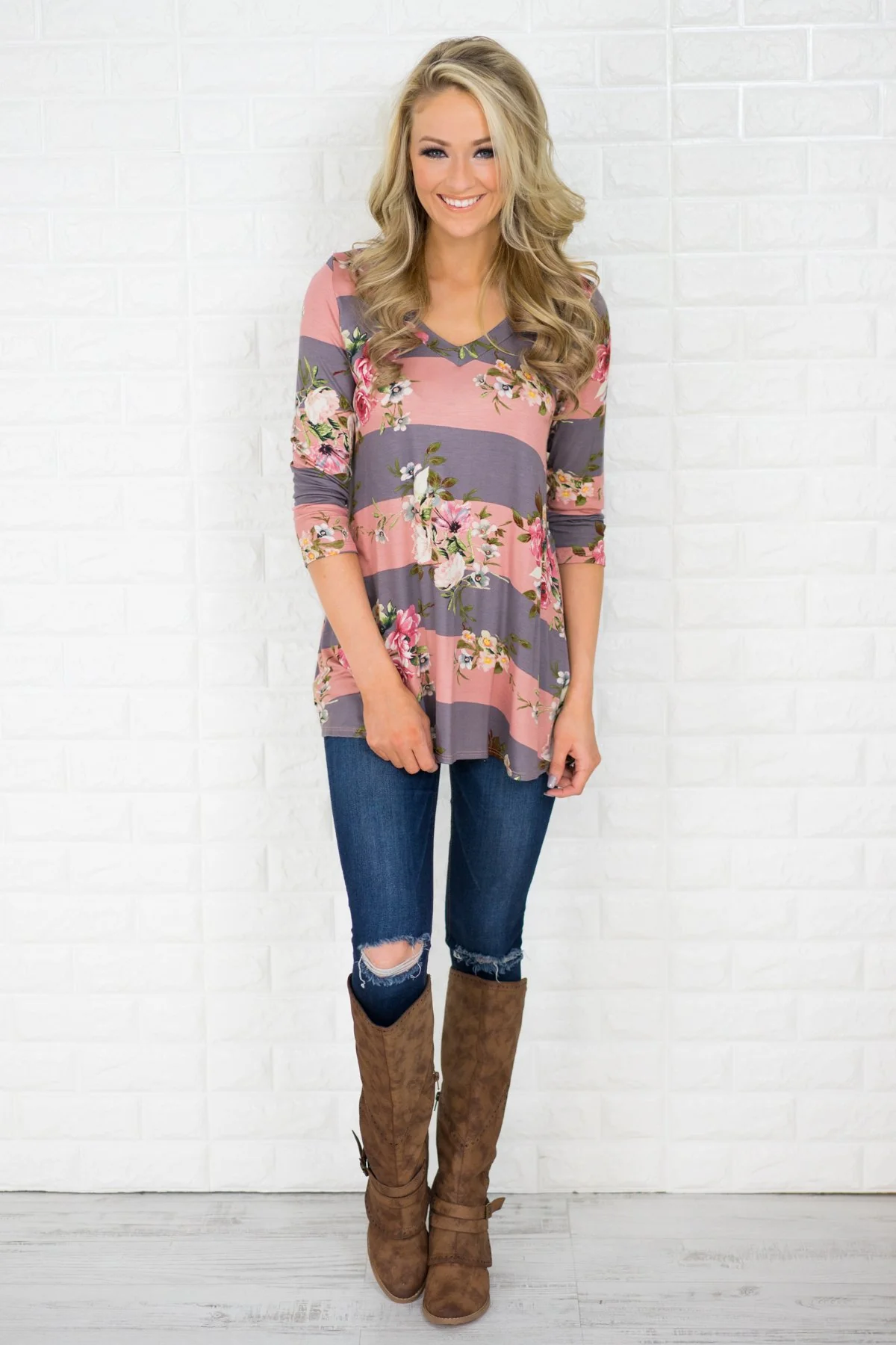 About Time 3/4 Sleeve Floral Top - Pink - Image 2
