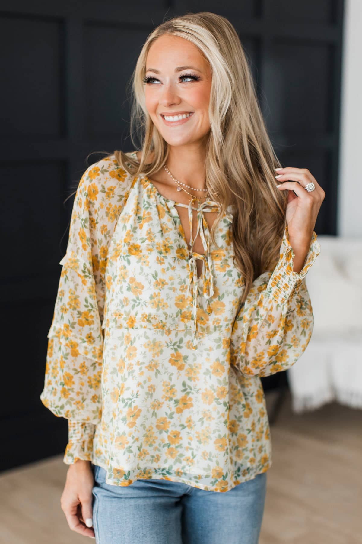 Absolutely Unreal Long Sleeve Floral Blouse- Ivory & Yellow