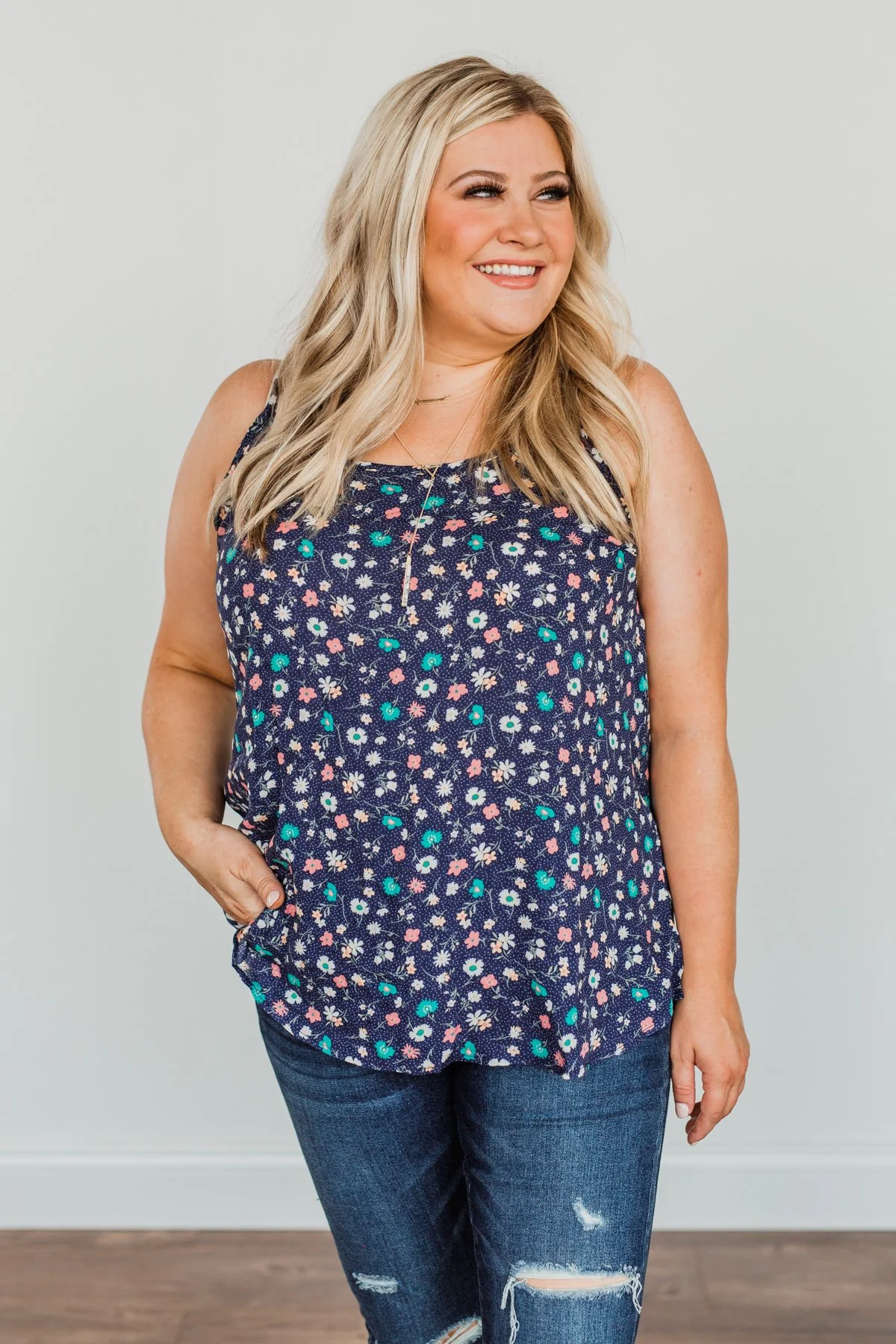 Abundant Blooms Floral & Spots Tank Top- Navy - Image 7