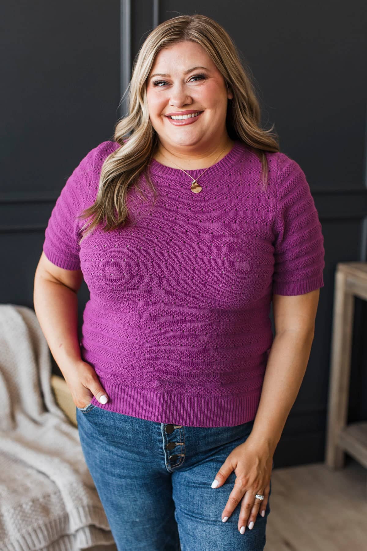 Accepting Fate Short Sleeve Pointelle Sweater- Magenta