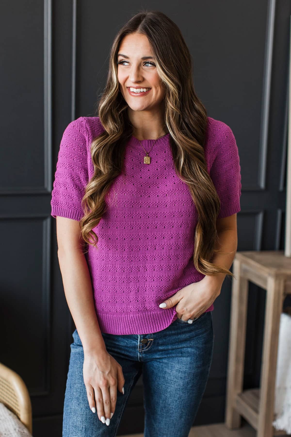 Accepting Fate Short Sleeve Pointelle Sweater- Magenta - Image 2