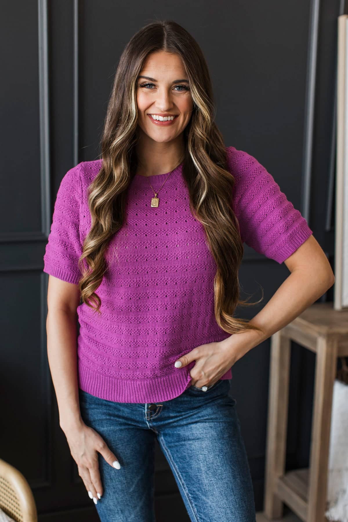 Accepting Fate Short Sleeve Pointelle Sweater- Magenta - Image 4