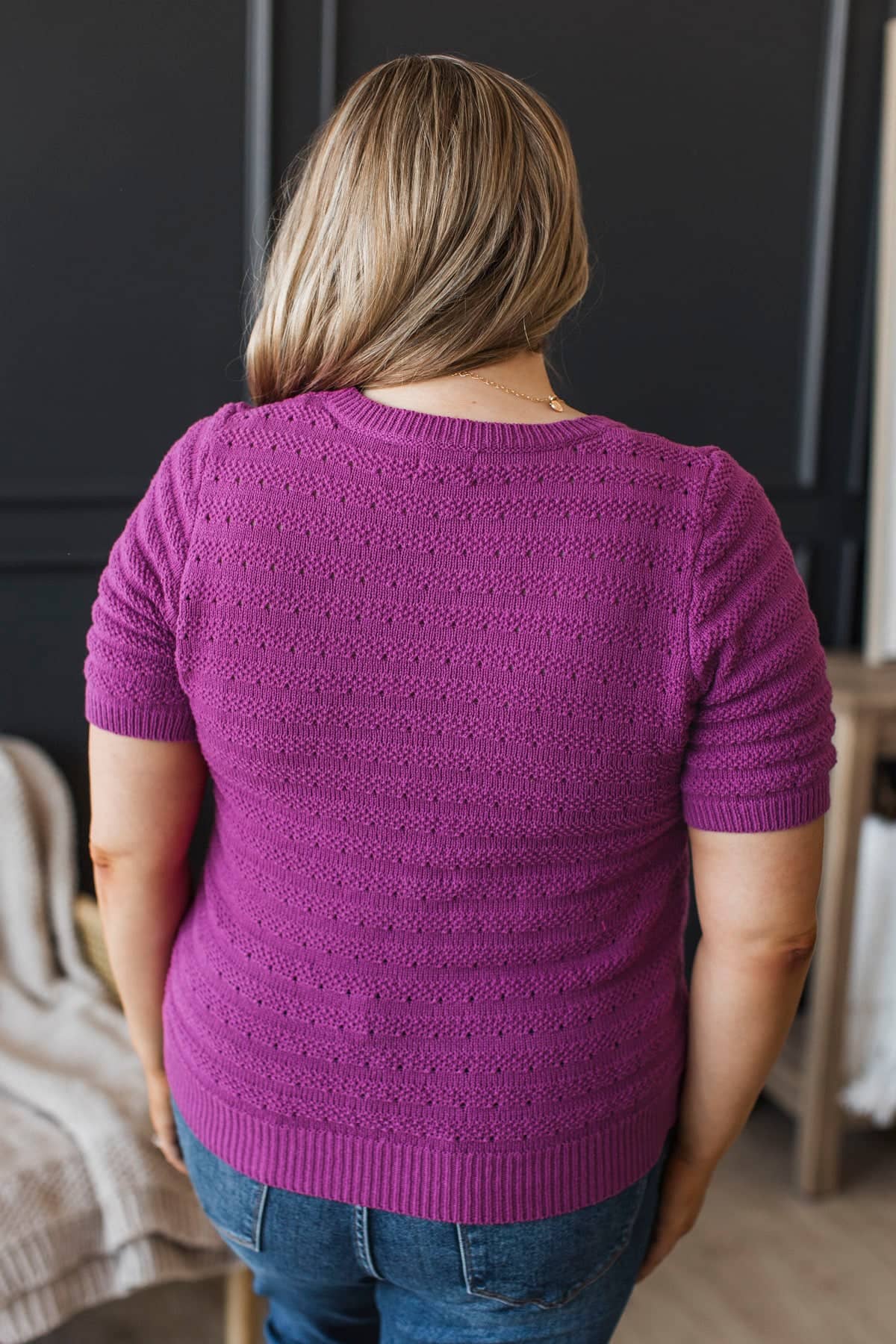 Accepting Fate Short Sleeve Pointelle Sweater- Magenta - Image 7