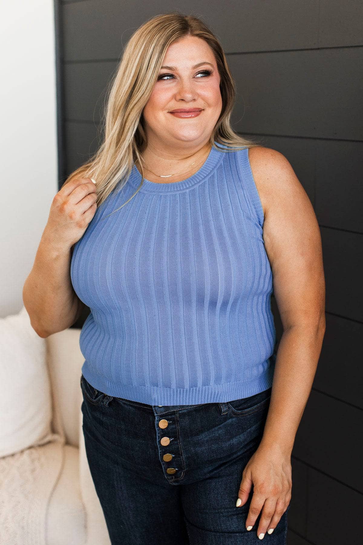 Act The Part Knit Tank Top- Dark Sky Blue - Image 2