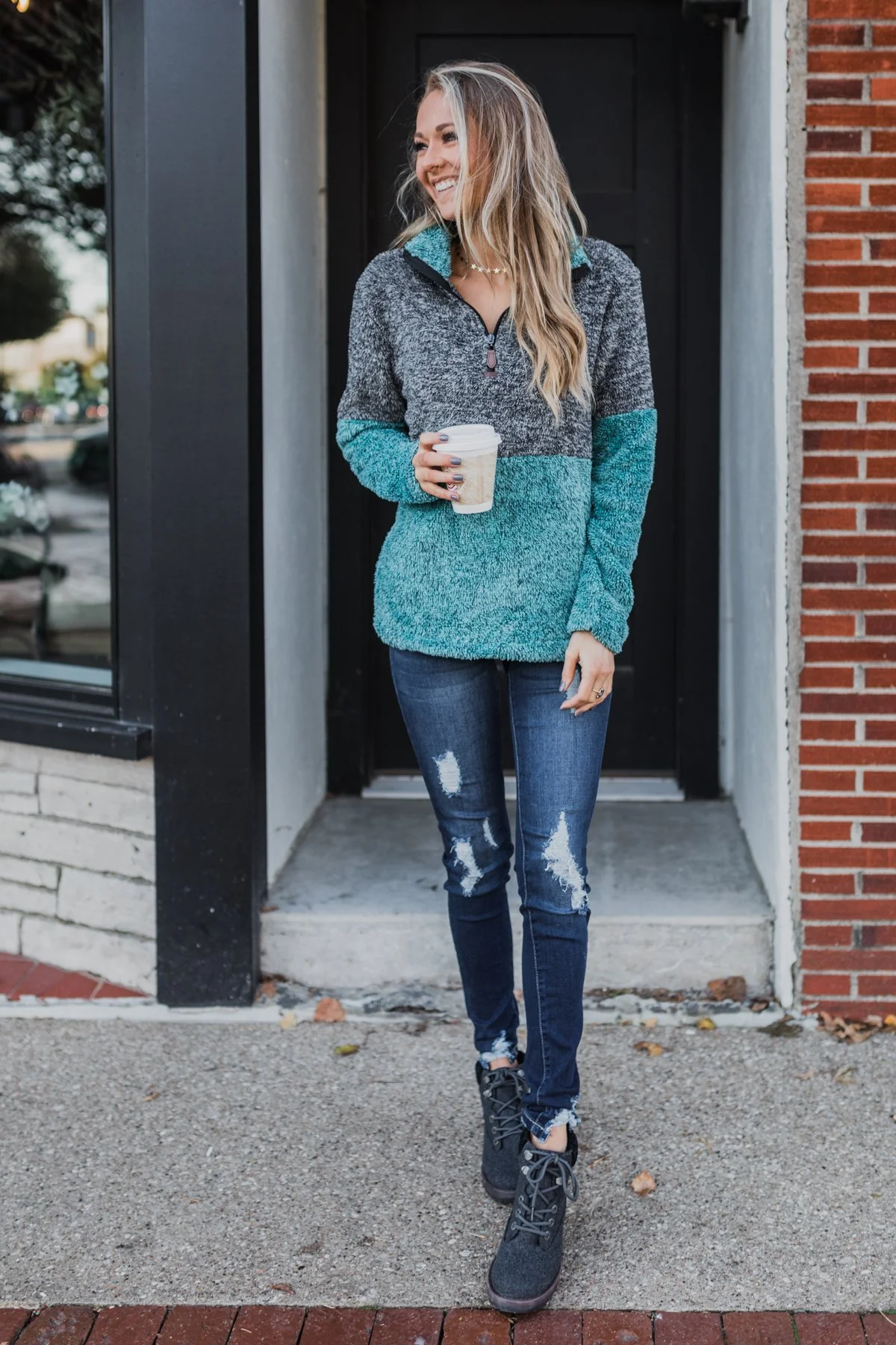 Adjustable Band Color Block Sherpa- Charcoal & Turquoise - Image 20