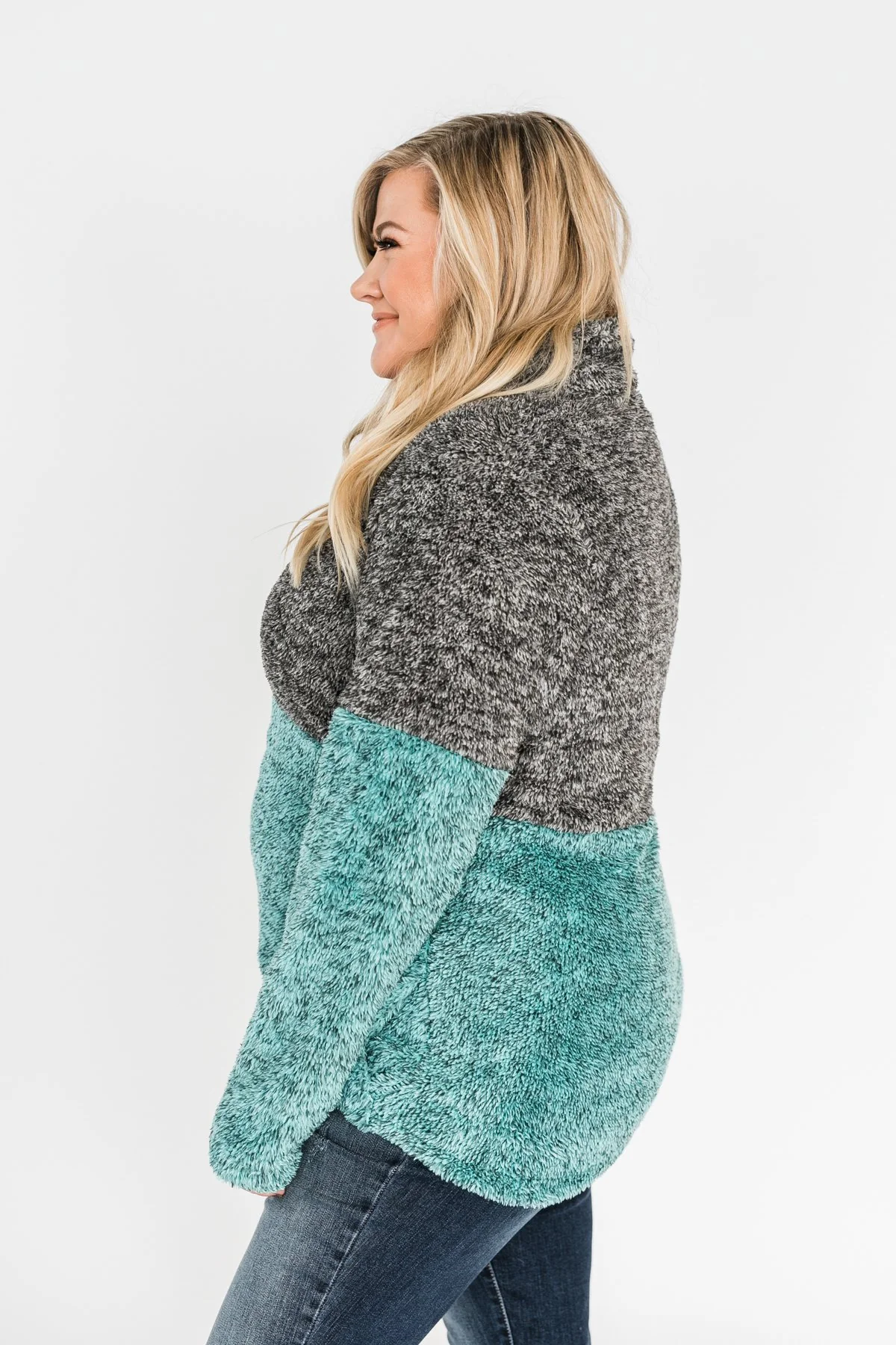 Adjustable Band Color Block Sherpa- Charcoal & Turquoise - Image 21
