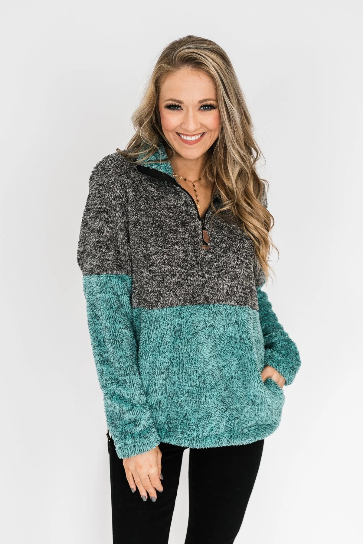 Adjustable Band Color Block Sherpa- Charcoal & Turquoise - Image 7