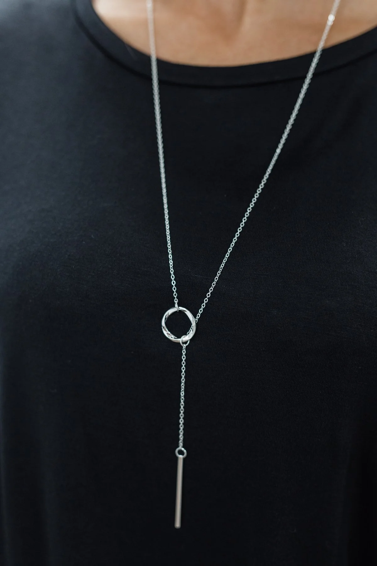 Adjustable Bar & Circle Necklace - Silver - Image 3