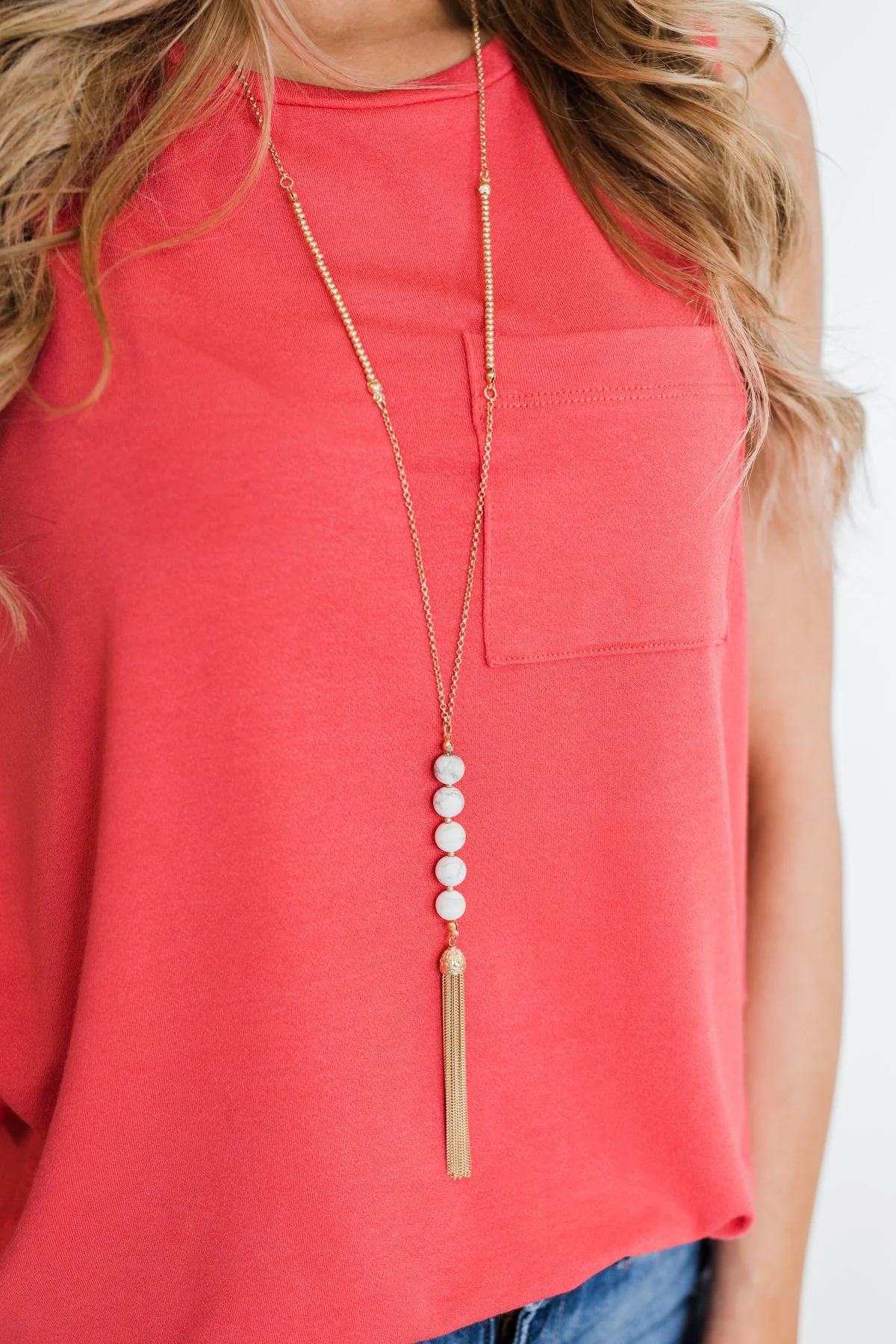 Adjustable Beaded Tassel Necklace- White Marble - Image 3
