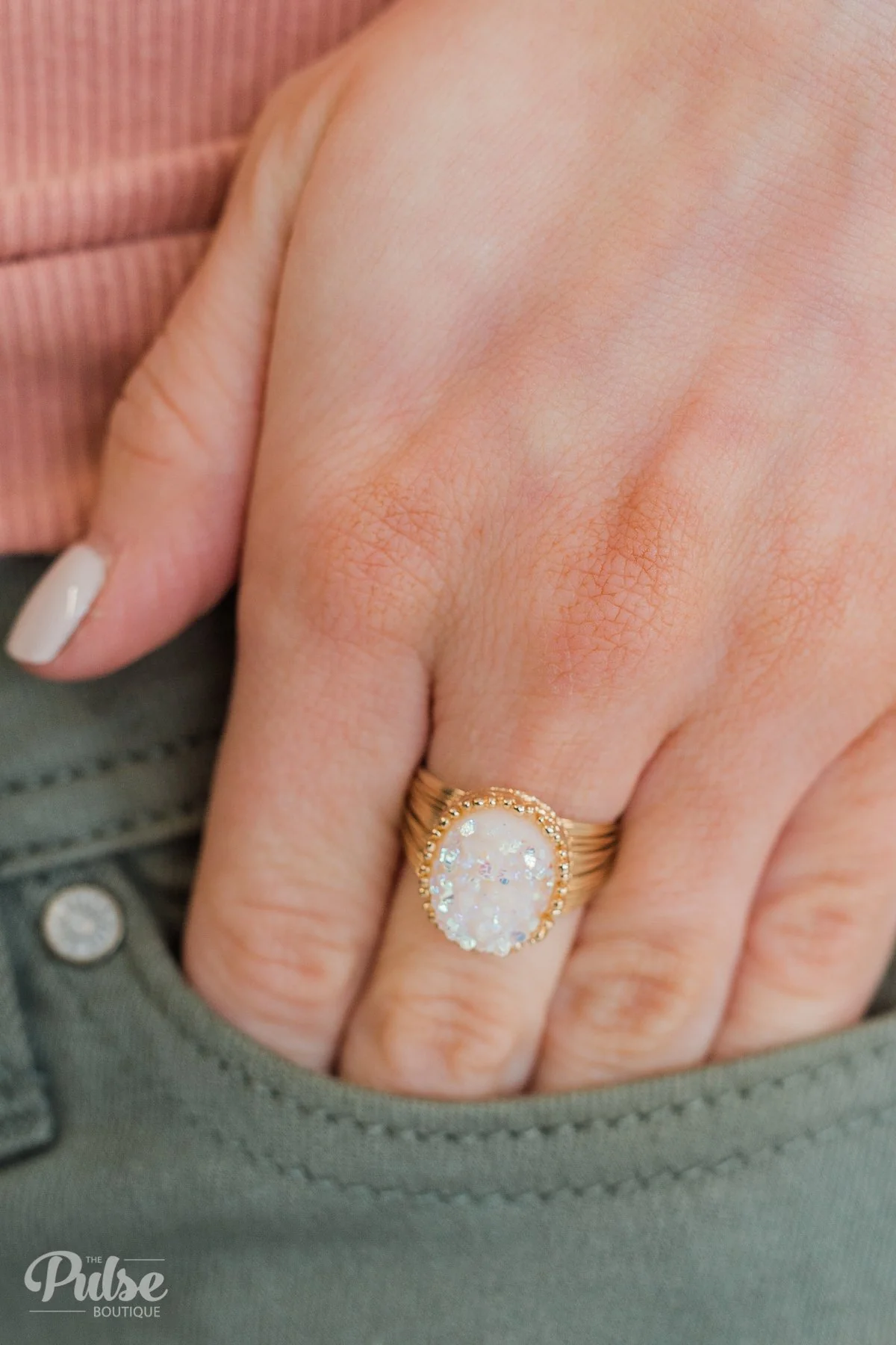 Adjustable Crystal Stone Ring- White - Image 2