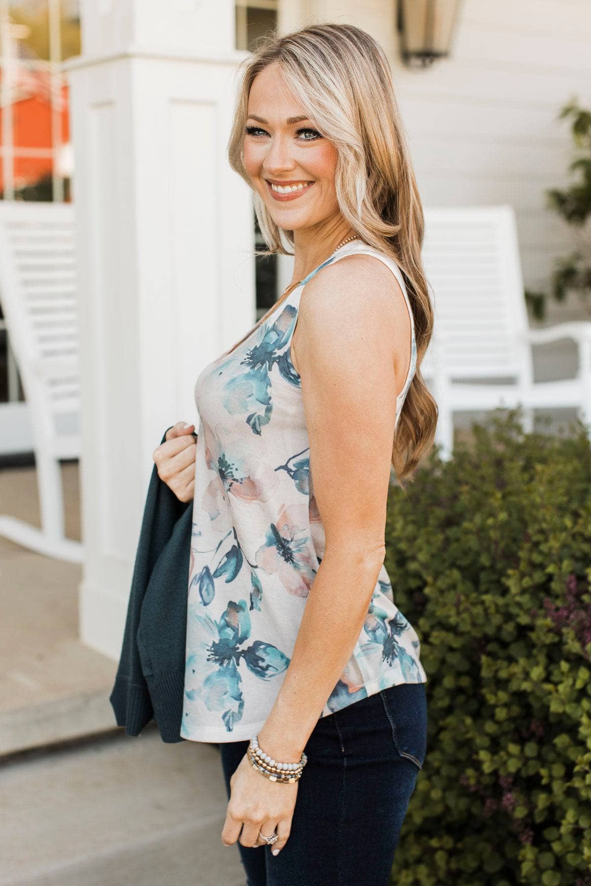 Admirable Confidence Floral Tank Top- Ivory & Blue - Image 7
