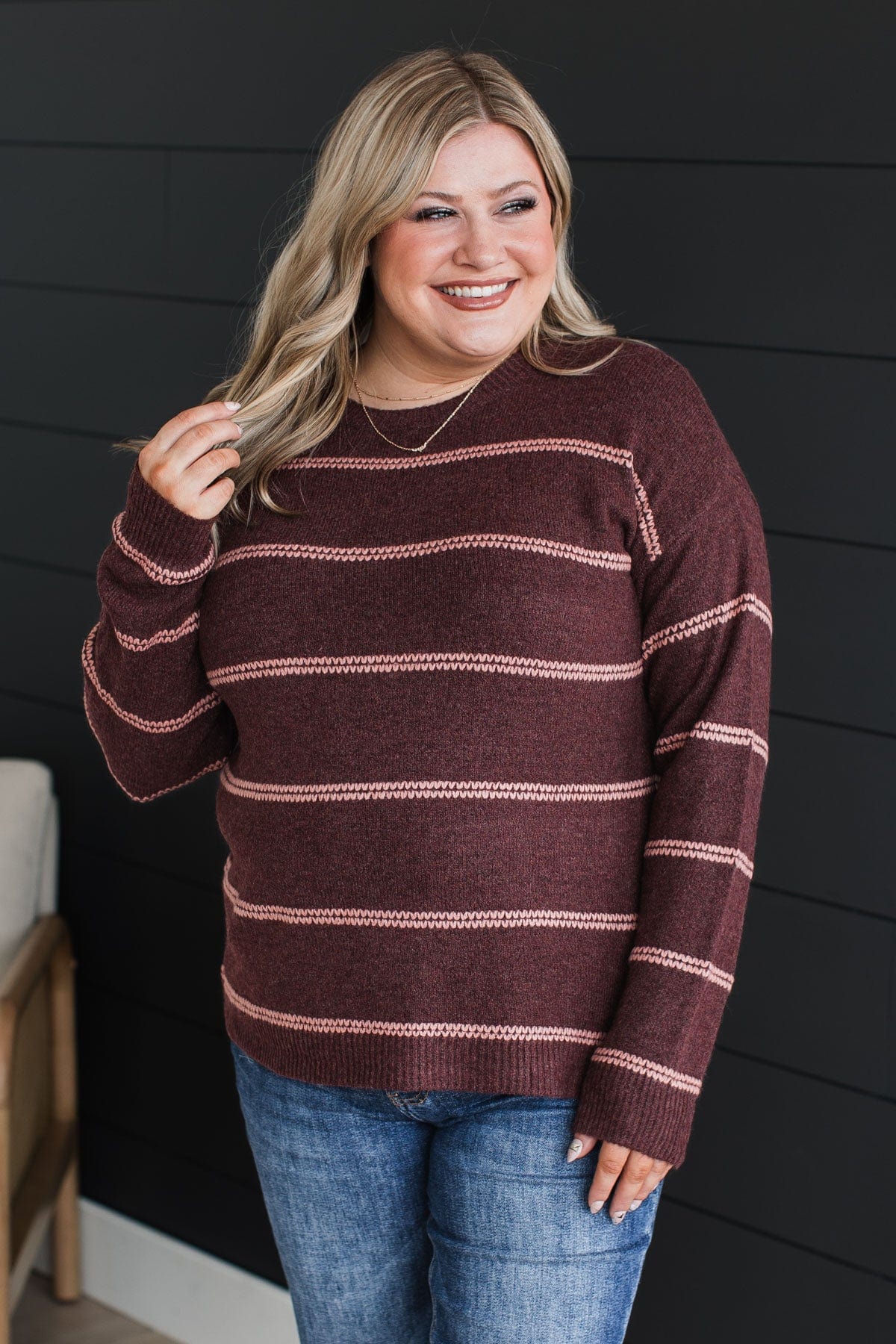 Admire You Striped Knit Sweater- Burgundy - Image 2