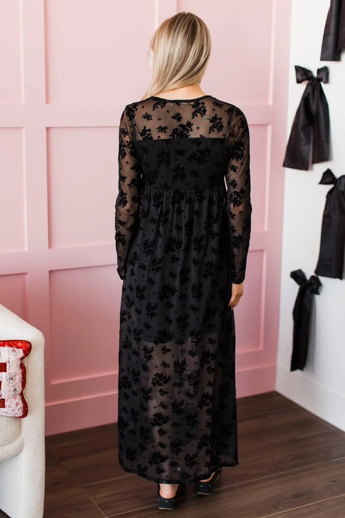 Admiring You Velvet Floral Maxi Dress- Black - Image 6