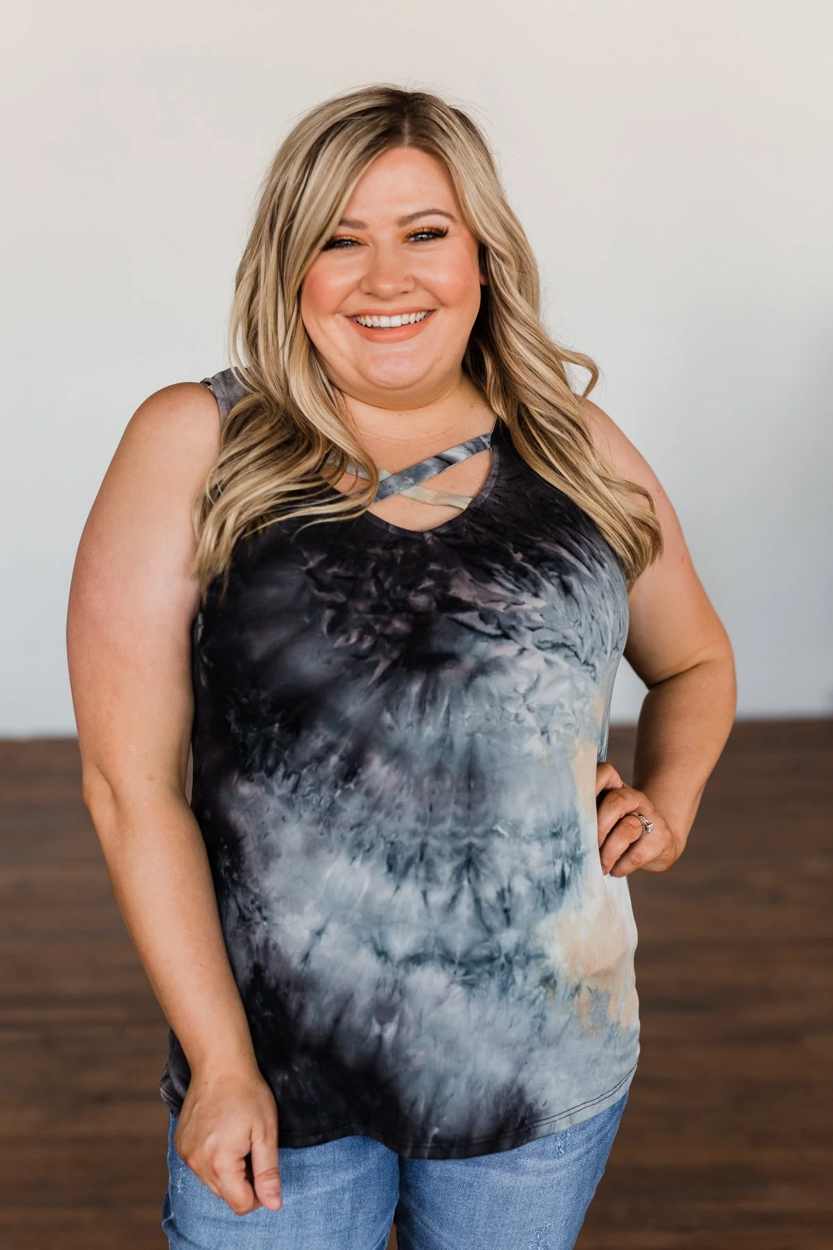 Admit My Love Tie Dye Tank Top- Charcoal, Tan, & Deep Navy - Image 3